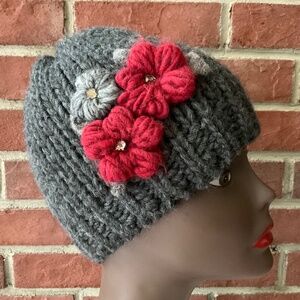 Gelso Bianco Dark Grey Alpaca Wool Blend Floral Hat O/S NEW Made in Italy